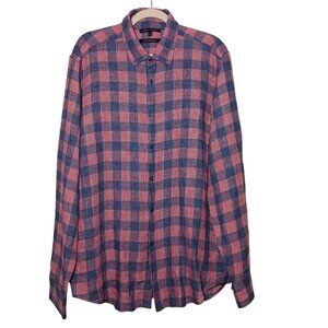 Robert Barakett Mens Longsleeve Plaid‎ Linen Button-Up Shirt Blue/Salmon L